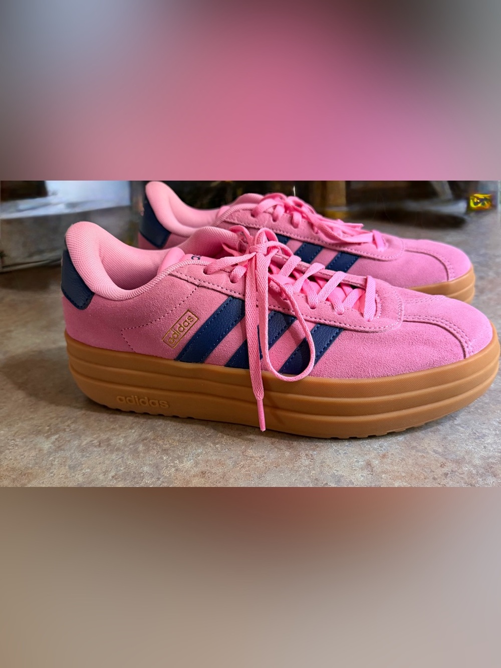 adidas Pink Suede Sneakers with Navy Stripes and Gum Platform